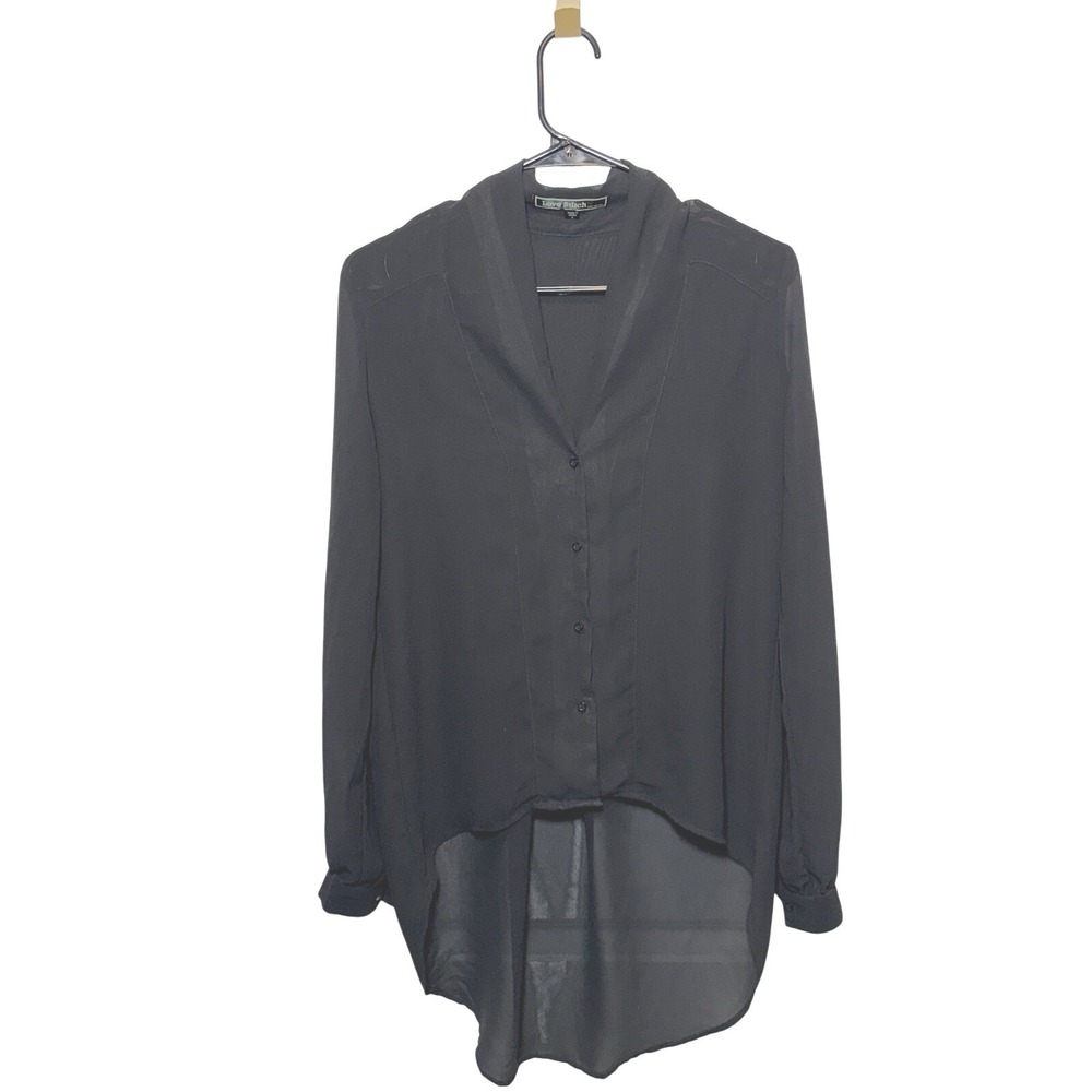 Love Stitch Black Sheer High Low Button Down Blouse Womens Small Goth Witchy